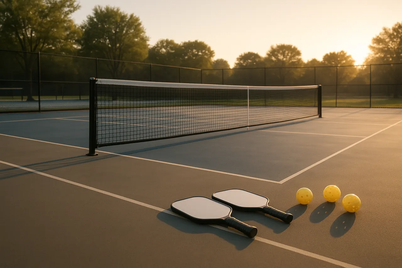 Lege pickleballbaan met net, twee paddles en gele ballen