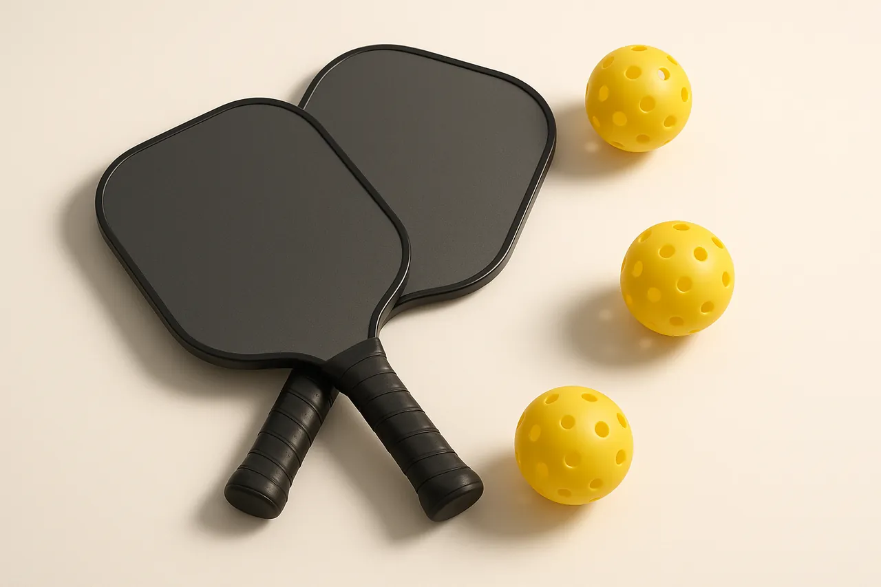 Twee zwarte pickleballpaddles met drie gele pickleballballen